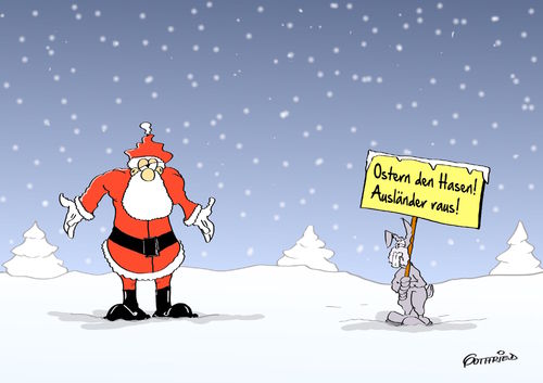 Cartoon: Weihnachtsosterhase (medium) by Marcus Gottfried tagged weihnachten,ostern,weihnachtsmann,nikolaus,flüchtlinge,rassismus,rassist,ablehnung,rechts,afd,ausländer,hase,staat,klaus,protest,unverständnis,parolen,besorgte,bürger,pegida,schnee,freunde,marcus,gottfried,cartoon,karikatur,weihnachten,ostern,weihnachtsmann,nikolaus,flüchtlinge,rassismus,rassist,ablehnung,rechts,afd,ausländer,hase,staat,klaus,protest,unverständnis,parolen,besorgte,bürger,pegida,schnee,freunde,marcus,gottfried,cartoon,karikatur