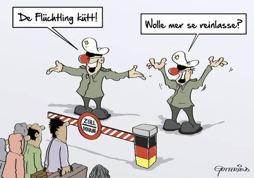 Cartoon: Willkommenskultur (medium) by Marcus Gottfried tagged flüchtling,flucht,asyl,asylbewerber,syrien,afrika,lampedusa,balkan,route,balkanroute,karneval,fasching,hoppediz,erwachen,fastnacht,kultur,grenze,grenzbeamte,fohlen,nase,rot,clownnase,köln,feiern,stimmung,flüchtling,flucht,asyl,asylbewerber,syrien,afrika,lampedusa,balkan,route,balkanroute,karneval,fasching,hoppediz,erwachen,fastnacht,kultur,grenze,grenzbeamte,fohlen,nase,rot,clownnase,köln,feiern,stimmung