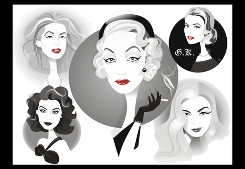 Cartoon: Golden Age Glamour Collage (medium) by Nicoleta Ionescu tagged ava,gardner,catherine,deneuve,marlene,dietrich,veronica,lake,grace,kelly,golden,age,glamour,hollywood,movie,act,actress,beauty