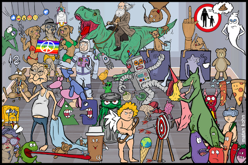 Cartoon: All together now (medium) by matan_kohn tagged funny,comic,humor,frog,cat,bear,dinosaur,peace,astronaut,robot,cupid,food,shapes,monsters,coffie,spongebob,dogs,pizza,animals,nft,unicorn