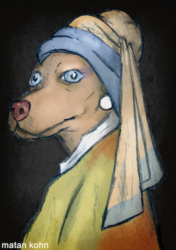 Cartoon: Puppy with a pearl earring (medium) by matan_kohn tagged cute,dog,lover,dogs,drawing,fine,art,funny,girl,with,pearl,earring,humor,humorous,pet,vermeer