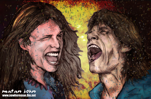 Cartoon: steven tyler and mick jagger (medium) by matan_kohn tagged steven,tyler,mick,jagger,matan,kohn,rolling,stones,scream,music,loud,exploding,funny