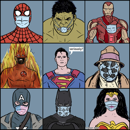 Cartoon: Superheroes with corona mask (medium) by matan_kohn tagged comics,funny,covid19,coronavirus,mask,superman,spaiderman,hulk,wonderwoman,batman,ironman,illustration,caricature