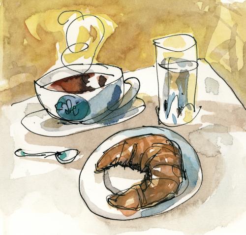 Cartoon: Kaffee mit Croissant (medium) by Atzenhofer tagged cafe,kaffee,croissant,frühstück,pause