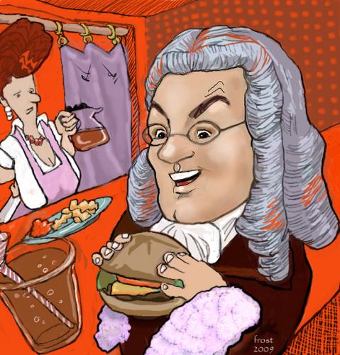 Cartoon: Bachs Lunch (medium) by frostyhut tagged composer,burger,diner,waitress,fries,soda,pop,cola,hamburger,wig,bach,classical,glasses,ketchup,catsup