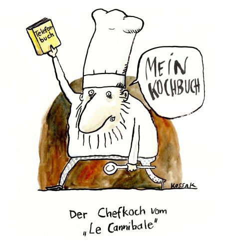 Cartoon: Der Chefkoch (medium) by Kossak tagged küche,koch,cannibal,kannibale,telefonbuch,phonebook,cook,restaurant,essen,speisen,eat,dinner,kochbuch,kochen,küche,koch,gastronomie,gastro,chefkoch,telefonbuch