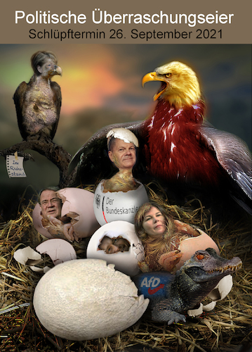 Cartoon: Wer schlüpft zuerst? (medium) by Bürgerschreck tagged kanzler,nest,schlüpfen,eier,parteien,cdu,grüne,spd,bundesadler,merkel,geier,gelege,adler,scholz,laschet,bärbaum,annalena