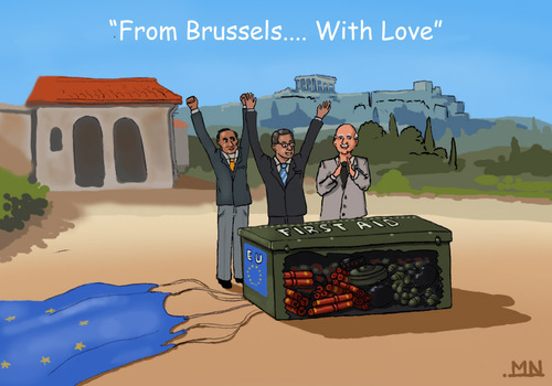 Cartoon: From Brussels... With Love (medium) by flintstone73 tagged brussels,greece,rettungspaket,care,package,dynamite,grenades