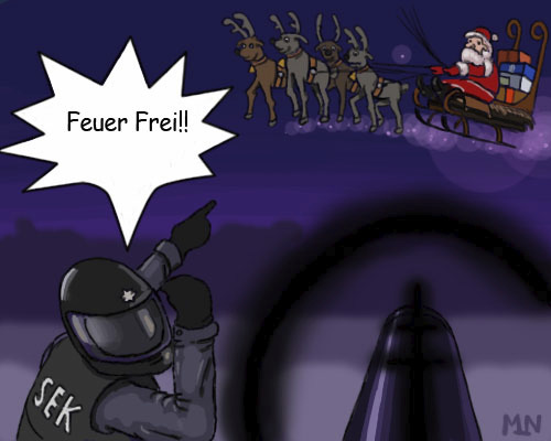 Cartoon: Paketbombenalarm (medium) by flintstone73 tagged weihnachten,paket,bombe,terror,heiligabend,weihnachtsmann