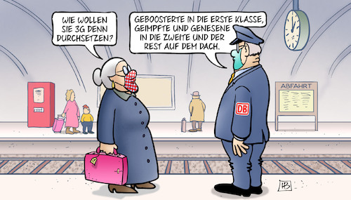 Cartoon: 3G in der Bahn (medium) by Harm Bengen tagged 3g,durchsetzen,bahn,geboosterte,boostern,impfen,erste,klasse,geimpfte,genesene,zweite,rest,dach,bahnhof,susemil,ampel,corona,harm,bengen,cartoon,karikatur,3g,durchsetzen,bahn,geboosterte,boostern,impfen,erste,klasse,geimpfte,genesene,zweite,rest,dach,bahnhof,susemil,ampel,corona,harm,bengen,cartoon,karikatur