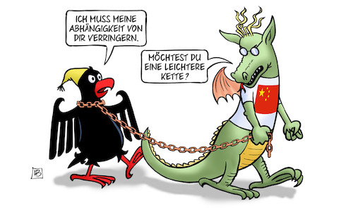 Cartoon: Abhängigkeit von China (medium) by Harm Bengen tagged abhängigkeit,verringern,deutschland,china,bundesadler,adler,drachen,kette,harm,bengen,cartoon,karikatur,abhängigkeit,verringern,deutschland,china,bundesadler,adler,drachen,kette,harm,bengen,cartoon,karikatur