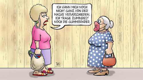 Cartoon: Abschied von der Maske (medium) by Harm Bengen tagged maske,gummibänder,jutta,susemil,corona,lockerungen,basisschutz,harm,bengen,cartoon,karikatur,maske,gummibänder,jutta,susemil,corona,lockerungen,basisschutz,harm,bengen,cartoon,karikatur