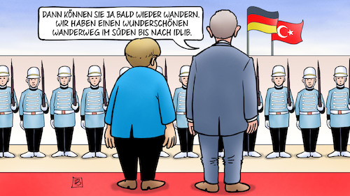 Cartoon: Abschied von Erdogan (medium) by Harm Bengen tagged abschied,erdogan,wandern,wanderweg,idlib,merkel,staatsempfang,türkei,soldaten,harm,bengen,cartoon,karikatur,abschied,erdogan,wandern,wanderweg,idlib,merkel,staatsempfang,türkei,soldaten,harm,bengen,cartoon,karikatur