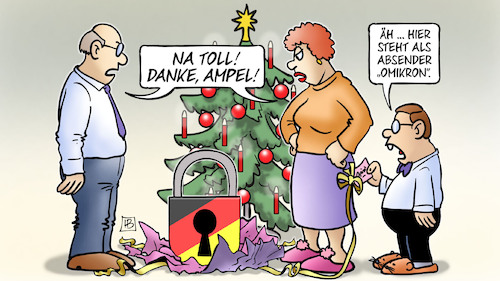 Cartoon: Absender Omikron (medium) by Harm Bengen tagged weihnachten,danke,ampel,eltern,kind,geschenk,vorhängeschloss,schloss,absender,lockdown,corona,omikron,harm,bengen,cartoon,karikatur,weihnachten,danke,ampel,eltern,kind,geschenk,vorhängeschloss,schloss,absender,lockdown,corona,omikron,harm,bengen,cartoon,karikatur