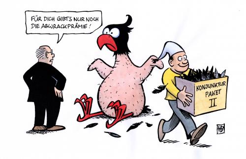 Cartoon: Abwrackprämie (medium) by Harm Bengen tagged abwrackprämie,konjunktur,konjunkturpaket,bundesregierung,koalition,merkel,steinbrück,federn,adler,bundesadler,krise,finanzkrise,rettungsschirm,rettungspaket,wirtschaft,finanzen,bank,realwirtschaft,konsum,abwrackprämie,konjunktur,konjunkturpaket,wirtschaft,wirtschaftskrise,finanzkrise,geld,finazen,bundesregierung,deutschland,regierung,angela merkel,peer steinbrück,bundesadler,rettungsschirm,rettungspaket,bank,finanzen,realwirtschaft,konsum,angela,merkel,peer,steinbrück