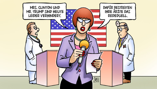 Cartoon: Ärzte-Duell (medium) by Harm Bengen tagged clinton,trump,usa,präsidentschaftswahlkampf,kandidaten,gesundheit,krankheit,ärzte,arzt,doktor,rededuell,tv,interview,moderatorin,harm,bengen,cartoon,karikatur,clinton,trump,usa,präsidentschaftswahlkampf,kandidaten,gesundheit,krankheit,ärzte,arzt,doktor,rededuell,tv,interview,moderatorin,harm,bengen,cartoon,karikatur