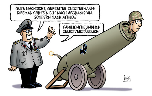 Cartoon: Afrika-Einsatz (medium) by Harm Bengen tagged gefreiter,afghanistan,afrika,familienfreundlich,von,der,leyen,verteidigungsministerin,bundeswehr,soldat,kanone,general,auslandseinsatz,kampfeinsatz,krieg,armee,waffen,harm,bengen,cartoon,karikatur,gefreiter,afghanistan,afrika,familienfreundlich,von,der,leyen,verteidigungsministerin,bundeswehr,soldat,kanone,general,auslandseinsatz,kampfeinsatz,krieg,armee,waffen,harm,bengen,cartoon,karikatur