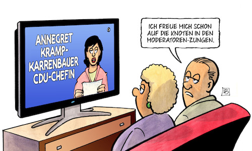 Cartoon: AKK wirds (medium) by Harm Bengen tagged annegret,kramp,karrenbauer,cdu,chefin,vorsitz,parteitag,wahl,merz,spahn,merkel,nachfolge,knoten,moderatoren,zungenbrecher,sprechen,tv,harm,bengen,cartoon,karikatur,annegret,kramp,karrenbauer,cdu,chefin,vorsitz,parteitag,wahl,merz,spahn,merkel,nachfolge,knoten,moderatoren,zungenbrecher,sprechen,tv,harm,bengen,cartoon,karikatur