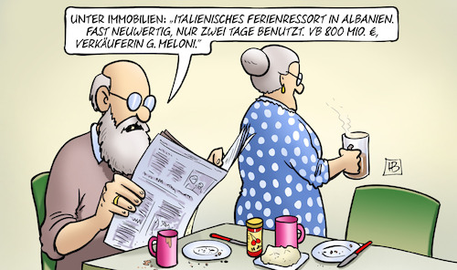 Cartoon: Albanien-Immobilien (medium) by Harm Bengen tagged immobilien,italienisches,ferienressort,albanien,italien,800,millionen,meloni,migration,lager,susemil,harm,bengen,cartoon,karikatur,immobilien,italienisches,ferienressort,albanien,italien,800,millionen,meloni,migration,lager,susemil,harm,bengen,cartoon,karikatur