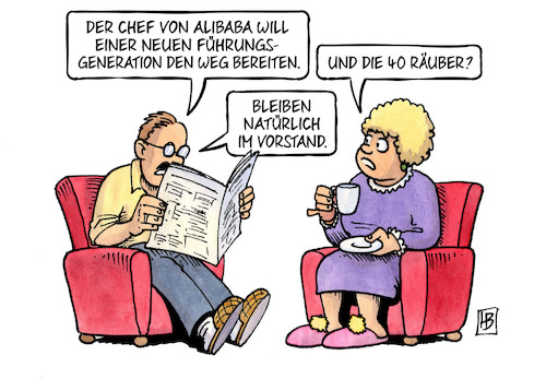 Cartoon: Alibaba-Wechsel (medium) by Harm Bengen tagged chef,alibaba,jack,ma,führungsgeneration,40,räuber,märchen,vorstand,aktien,internetkonzern,wirtschaft,harm,bengen,cartoon,karikatur,chef,alibaba,jack,ma,führungsgeneration,40,räuber,märchen,vorstand,aktien,internetkonzern,wirtschaft,harm,bengen,cartoon,karikatur