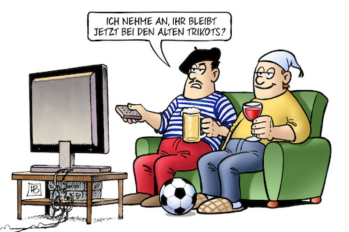Cartoon: Altes Trikot (medium) by Harm Bengen tagged deutschland,frankreich,tv,trikot,nationalmannschaft,fussball,harm,bengen,cartoon,karikatur,deutschland,frankreich,tv,trikot,nationalmannschaft,fussball,harm,bengen,cartoon,karikatur