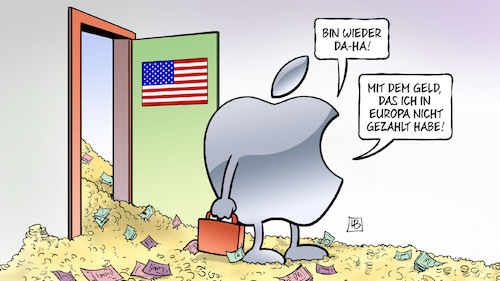 Cartoon: Apple-Rückkehr (medium) by Harm Bengen tagged apple,konzern,rückkehr,geld,steuern,steuerhinterziehung,steuervermeidung,usa,europa,tuer,harm,bengen,cartoon,karikatur,apple,konzern,rückkehr,geld,steuern,steuerhinterziehung,steuervermeidung,usa,europa,tuer,harm,bengen,cartoon,karikatur