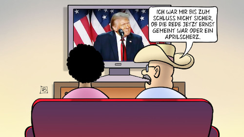 Cartoon: April-TV-Rede (medium) by Harm Bengen tagged rede,ernst,aprilscherz,tv,iran,trump,usa,israel,krieg,harm,bengen,cartoon,karikatur,rede,ernst,aprilscherz,tv,iran,trump,usa,israel,krieg,harm,bengen,cartoon,karikatur