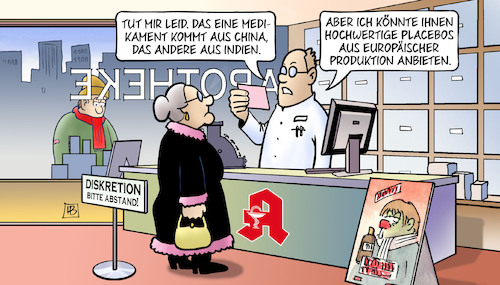 Cartoon: Arzneimittelengpass (medium) by Harm Bengen tagged arzneimittel,engpass,medikament,china,indien,apotheke,lauterbach,susemil,placebos,harm,bengen,cartoon,karikatur,arzneimittel,engpass,medikament,china,indien,apotheke,lauterbach,susemil,placebos,harm,bengen,cartoon,karikatur