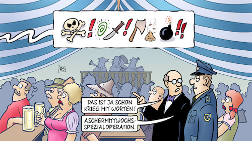 Cartoon: Aschermittwoch-Spezial (medium) by Harm Bengen tagged schimpfen,fluchen,bierzelt,aschermittwoch,spezialoperation,polizist,krieg,ukraine,russland,harm,bengen,cartoon,karikatur,schimpfen,fluchen,bierzelt,aschermittwoch,spezialoperation,polizist,krieg,ukraine,russland,harm,bengen,cartoon,karikatur