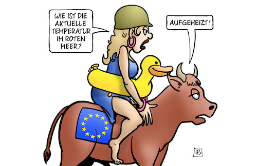 Cartoon: Aspides-Mission (medium) by Harm Bengen tagged temperatur,rotes,meer,aspides,mission,eu,europa,stier,helm,schwimmreifen,bundeswehr,marine,fregatte,hessen,krieg,huthis,harm,bengen,cartoon,karikatur,temperatur,rotes,meer,aspides,mission,eu,europa,stier,helm,schwimmreifen,bundeswehr,marine,fregatte,hessen,krieg,huthis,harm,bengen,cartoon,karikatur