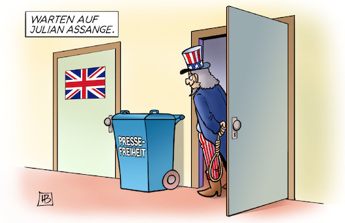 Cartoon: Assange-Prozess (medium) by Harm Bengen tagged assange,prozess,wikileaks,gb,uk,usa,uncle,sam,strick,galgen,strafe,mülltonne,pressefreiheit,auslieferung,harm,bengen,cartoon,karikatur,assange,prozess,wikileaks,gb,uk,usa,uncle,sam,strick,galgen,strafe,mülltonne,pressefreiheit,auslieferung,harm,bengen,cartoon,karikatur