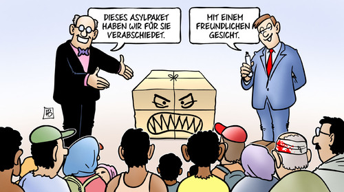 Cartoon: Asylpaket (medium) by Harm Bengen tagged asylpaket,bundestag,bundesrat,freundliches,gesicht,willkommenskultur,paket,verschärfung,flüchtlinge,asyl,merkel,harm,bengen,cartoon,karikatur,asylpaket,bundestag,bundesrat,freundliches,gesicht,willkommenskultur,paket,verschärfung,flüchtlinge,asyl,merkel,harm,bengen,cartoon,karikatur