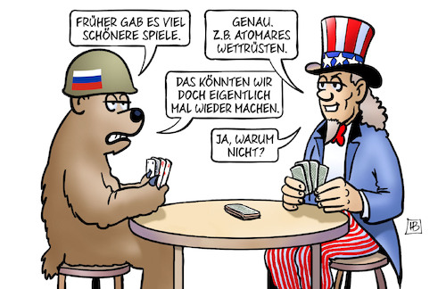 Cartoon: Atomares Wettrüsten (medium) by Harm Bengen tagged atomares,wettrüsten,atomwaffen,spiele,sipri,usa,poker,bär,uncle,sam,russland,ukraine,krieg,harm,bengen,cartoon,karikatur,atomares,wettrüsten,atomwaffen,spiele,sipri,usa,poker,bär,uncle,sam,russland,ukraine,krieg,harm,bengen,cartoon,karikatur