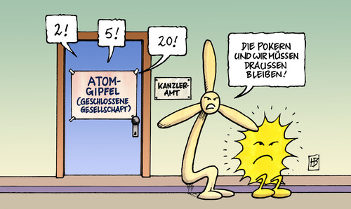 Cartoon: Atomgipfel (medium) by Harm Bengen tagged atomgipfel,atom,gipfel,atomkraft,kernkraft,kernkraftwerke,atomkraftwerke,energie,energiekonzerne,rwe,vattenfall,eon,enbw,merkel,röttgen,söder,koalition,beratung,laufzeit,laufzeiten,diskussion,pokern,sonne,sonnenergie,solar,wind,windrad,atomgipfel,atom,atomkraft,kernkraftwerke,atomkraftwerke,energie,energiekonzerne,rwe,enbw,eon,röttgen,söder,koalition,beratung,laufzeiten,laufzeit,akw,umwelt