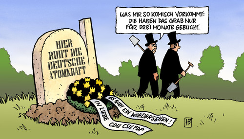 Cartoon: Atomkraft-Grab (medium) by Harm Bengen tagged atomkraft,kernkraft,atomenergie,atom,moratorium,grab,friedhof,tot,tod,totengräber,beerdigung,spaten,grabstein,akw,cdu,csu,fdp,merkel,röttgen,atomkraft,kernkraft,atomenergie,atom,moratorium,friedhof,totengräber,beerdigung,akw,deutschland,fukushima