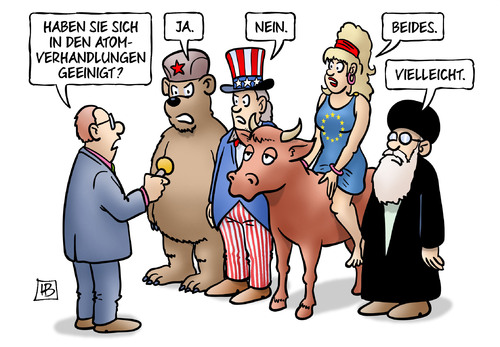 Cartoon: Atomverhandlungen (medium) by Harm Bengen tagged atomverhandlungen,atomgespraeche,iran,russland,eu,europa,stier,usa,uncle,sam,baer,atomkraft,atomwaffen,lausanne,interview,harm,bengen,cartoon,karikatur,atomverhandlungen,atomgespraeche,iran,russland,eu,europa,stier,usa,uncle,sam,baer,atomkraft,atomwaffen,lausanne,interview,harm,bengen,cartoon,karikatur