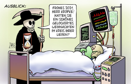 Cartoon: Ausblick Jahresende (medium) by Harm Bengen tagged ausblick,jahresende,silvester,tod,krankenhaus,patient,corona,ansteckung,2021,lockerungen,gelockertes,weihnachten,familie,besuch,harm,bengen,cartoon,karikatur,ausblick,jahresende,silvester,tod,krankenhaus,patient,corona,ansteckung,2021,lockerungen,gelockertes,weihnachten,familie,besuch,harm,bengen,cartoon,karikatur