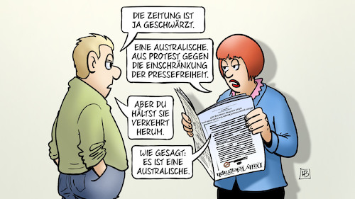 Cartoon: Australische Pressefreiheit (medium) by Harm Bengen tagged australische,australien,pressefreiheit,zeitung,schwarz,geschwärzt,protest,zensur,einschränkung,verkehrt,herum,harm,bengen,cartoon,karikatur,australische,australien,pressefreiheit,zeitung,schwarz,geschwärzt,protest,zensur,einschränkung,verkehrt,herum,harm,bengen,cartoon,karikatur