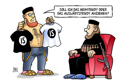 Cartoon: Auswärtstrikot (medium) by Harm Bengen tagged heimtrikot,auswärtstrikot,anziehen,kleidung,tshirt,terror,anschläge,is,islamisten,em,europameisterschaft,fussball,harm,bengen,cartoon,karikatur,heimtrikot,auswärtstrikot,anziehen,kleidung,tshirt,terror,anschläge,is,islamisten,em,europameisterschaft,fussball,harm,bengen,cartoon,karikatur