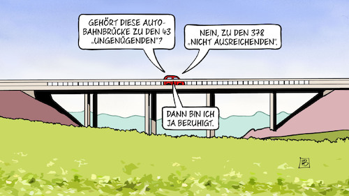 Cartoon: Autobahnbrücken (medium) by Harm Bengen tagged autobahnbrücken,ungenügend,nicht,ausreichend,marode,bausubstanz,harm,bengen,cartoon,karikatur,autobahnbrücken,ungenügend,nicht,ausreichend,marode,bausubstanz,harm,bengen,cartoon,karikatur