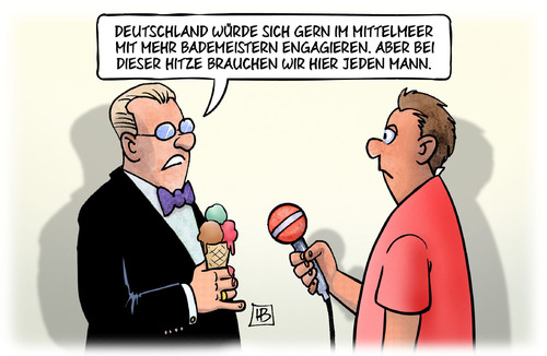 Cartoon: Bademeister (medium) by Harm Bengen tagged deutschland,mittelmeer,bademeister,hitze,eis,flüchtlinge,asyl,rettung,ertrinken,harm,bengen,cartoon,karikatur,deutschland,mittelmeer,bademeister,hitze,eis,flüchtlinge,asyl,rettung,ertrinken,harm,bengen,cartoon,karikatur