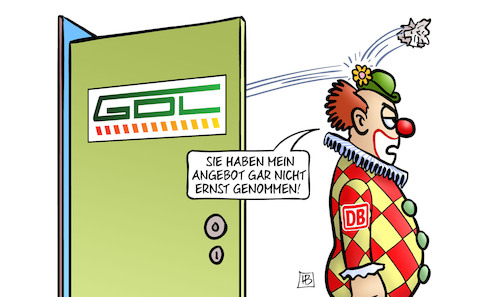 Cartoon: Bahn-Angebot (medium) by Harm Bengen tagged bahn,gdl,angebot,streik,tarifrunde,tür,clown,harm,bengen,cartoon,karikatur,bahn,gdl,angebot,streik,tarifrunde,tür,clown,harm,bengen,cartoon,karikatur