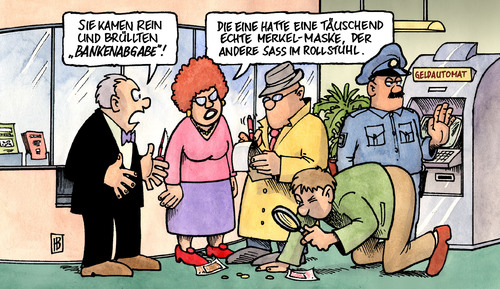 Cartoon: Bankenabgabe (medium) by Harm Bengen tagged bankenabgabe,bank,abgabe,bundesregierung,kabinett,schäuble,merkel,kanzlerin,finanzminister,krise,bankraub,polizei,überfall,bankenabgabe,bank,banken,abgabe,bundesregierung,kabinett,schäuble,angela merkel,kanzlerin,finanzminister,krise,bankraub,polizei,überfall,angela,merkel