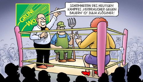 Cartoon: Bauern vs. Verbraucher (medium) by Harm Bengen tagged schirmherrin,kampf,boxen,boxring,verbraucher,bauern,julia,kloeckner,landwirtschaftsministerin,gruene,woche,harm,bengen,cartoon,karikatur,schirmherrin,kampf,boxen,boxring,verbraucher,bauern,julia,kloeckner,landwirtschaftsministerin,gruene,woche,harm,bengen,cartoon,karikatur