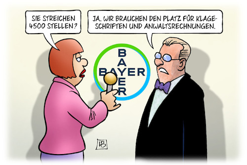 Cartoon: Bayer-Stellenstreichungen (medium) by Harm Bengen tagged bayer,stellenstreichungen,arbeitsplätze,entlassungen,monsanto,gerichtsverfahren,platz,klageschriften,anwaltsrechnungen,interview,harm,bengen,cartoon,karikatur,bayer,stellenstreichungen,arbeitsplätze,entlassungen,monsanto,gerichtsverfahren,platz,klageschriften,anwaltsrechnungen,interview,harm,bengen,cartoon,karikatur