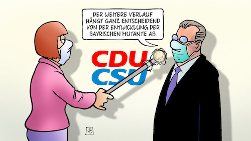 Cartoon: Bayrische Mutante (medium) by Harm Bengen tagged verlauf,entwicklung,bayrische,mutante,interview,corona,laschet,söder,entscheidung,cdu,csu,kanzlerkandidatur,harm,bengen,cartoon,karikatur,verlauf,entwicklung,bayrische,mutante,interview,corona,laschet,söder,entscheidung,cdu,csu,kanzlerkandidatur,harm,bengen,cartoon,karikatur