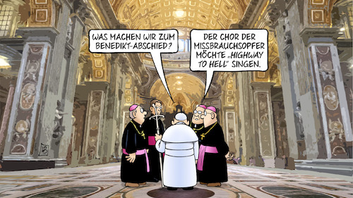 Cartoon: Benedikt-Tod (medium) by Harm Bengen tagged papst,ratzinger,benedikt,abschied,tod,kardinaele,vatikan,rom,chor,missbrauchsopfer,highway,to,hell,harm,bengen,cartoon,karikatur,papst,ratzinger,benedikt,abschied,tod,kardinaele,vatikan,rom,chor,missbrauchsopfer,highway,to,hell,harm,bengen,cartoon,karikatur