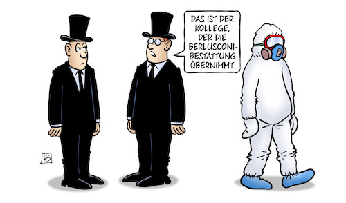 Cartoon: Berlusconi-Tod (medium) by Harm Bengen tagged bestatter,tod,berlusconi,bestattung,ministerpräsident,italien,skandale,botox,schönheitsoperationen,chemie,schutzanzug,harm,bengen,cartoon,karikatur,bestatter,tod,berlusconi,bestattung,ministerpräsident,italien,skandale,botox,schönheitsoperationen,chemie,schutzanzug,harm,bengen,cartoon,karikatur