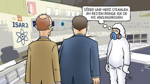 Cartoon: Besuch in Isar2 (medium) by Harm Bengen tagged besuch,isar2,söder,merz,strahlen,abklingbecken,akw,kernkraftwerk,laufzeitverlängerung,harm,bengen,cartoon,karikatur,besuch,isar2,söder,merz,strahlen,abklingbecken,akw,kernkraftwerk,laufzeitverlängerung,harm,bengen,cartoon,karikatur