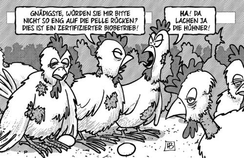 Cartoon: Bio-Eier (medium) by Harm Bengen tagged zertifiziert,biobetrieb,bio,eier,bioeier,hühner,hühnerzüchter,legebatterie,stall,freilaufend,betrug,falschdeklarierung,harm,bengen,cartoon,karikatur